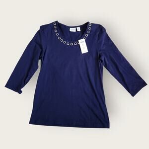 Weekends by Chico's Women's Sz Chico 0 3/4 sleeve Navy Blue dress shirt